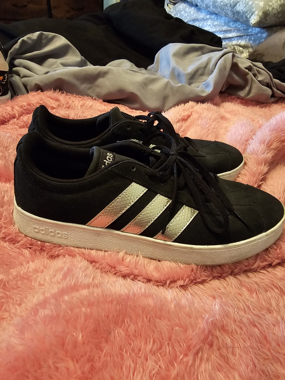adidas Black Suede Sneakers with Metallic Silver Stripes W9.5